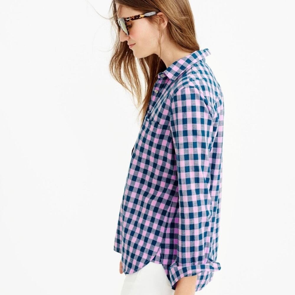 J. Crew Blue Lilac Gingham Check Woven 100% Cotton Popover Collared Shirt SIZE 4 - Picture 5 of 10